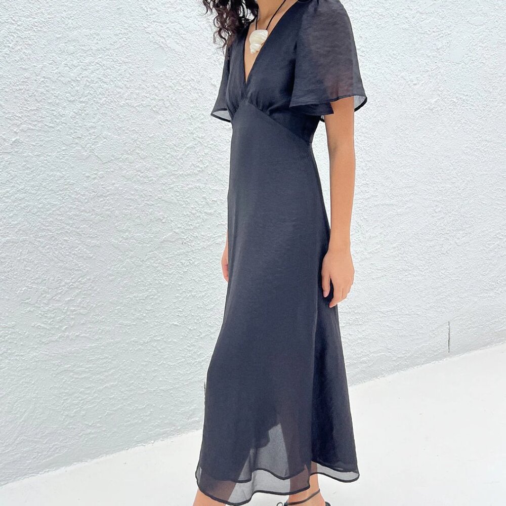Black V-Neck Flutter Sleeve Maxi Dress